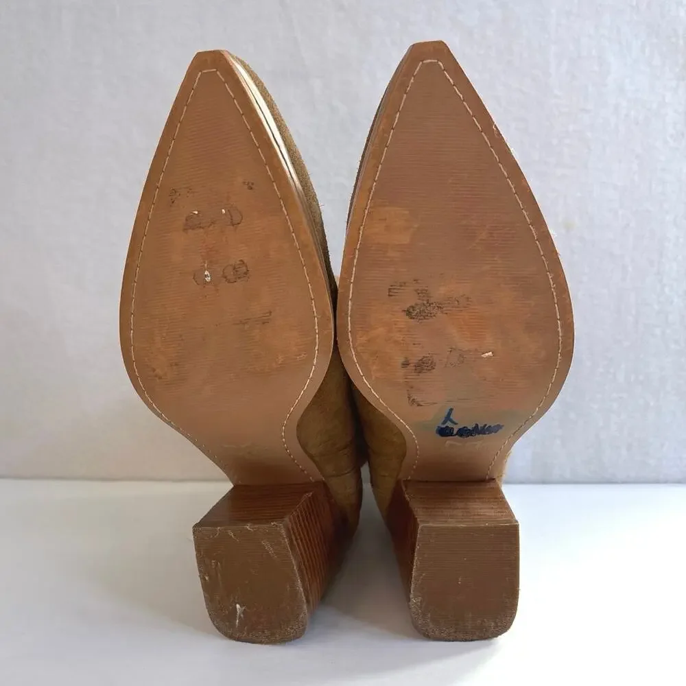 Marc Fisher Alva Camel Tan Suede Pointed Toe Block Heel Bootie Size 11